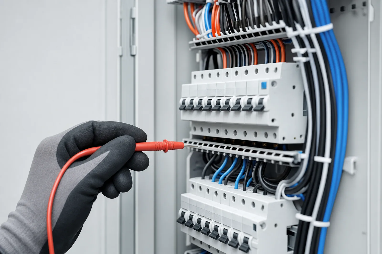 Tablero eléctrico industrial con cableado ordenado y medición con multímetro