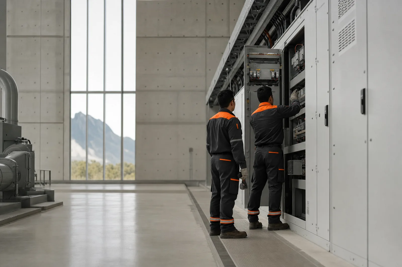 Dos técnicos de mantenimiento revisando un tablero eléctrico dentro de una planta industrial